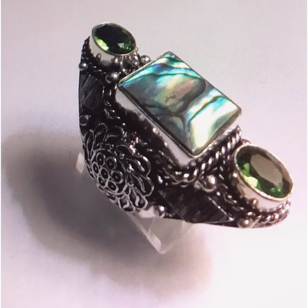 Abalone Peridot Stamped 925 Sterling Silver Ring